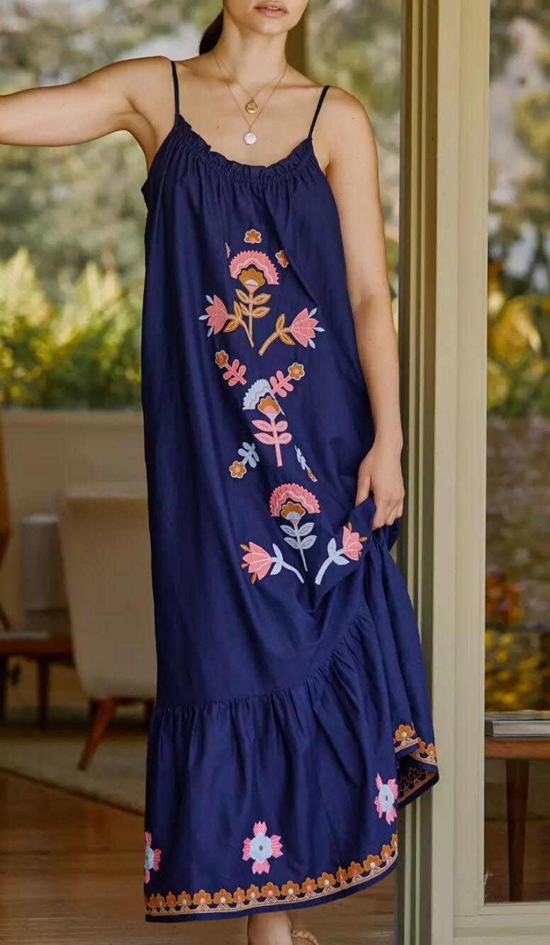 Anthropologie Malika Embroidered Dress Low Scoop Back Ruffle Hem Navy Blue XS